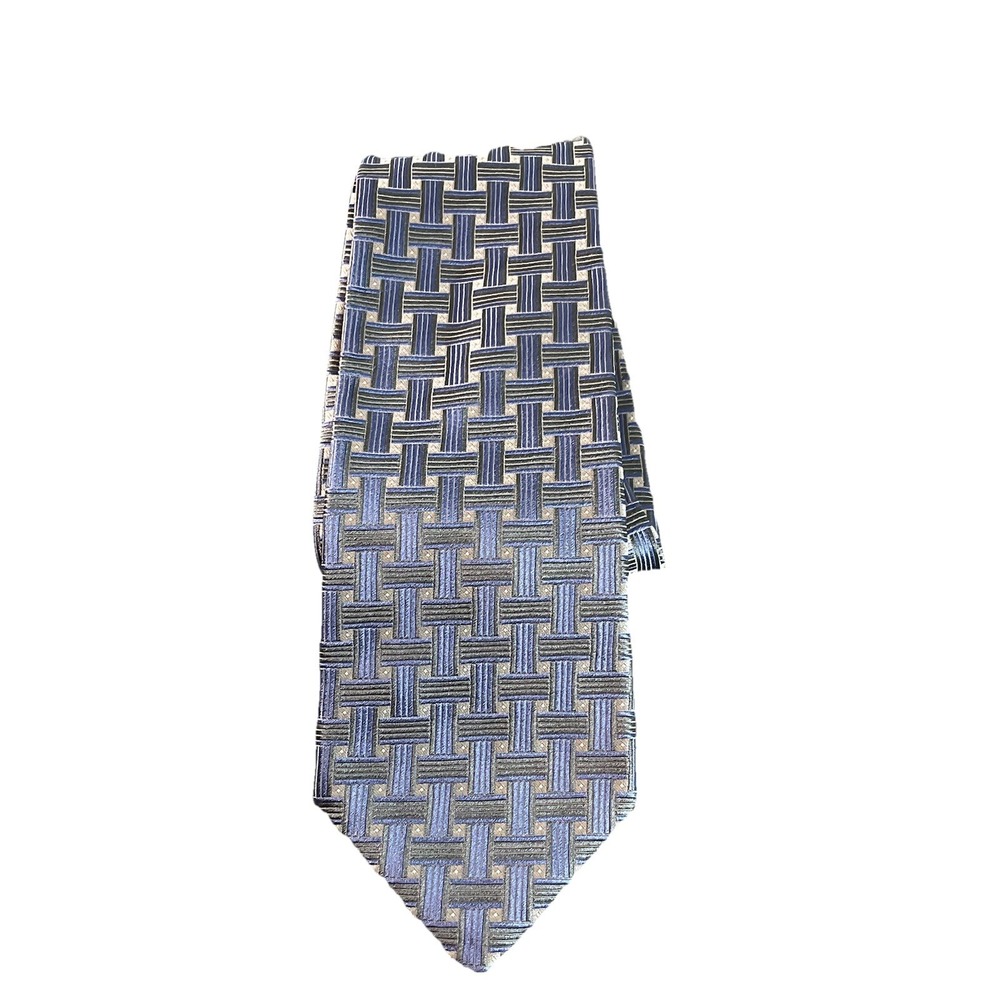 Geoffrey Beene Silk Necktie Mens OS Blue Silver Basketweave‎ Geometric Italy